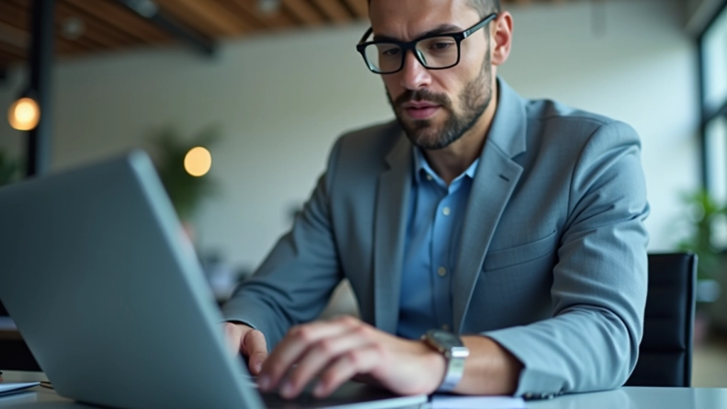 Professionnel analyste financier travaillant avec des données économiques sur un ordinateur portable dans un bureau moderne